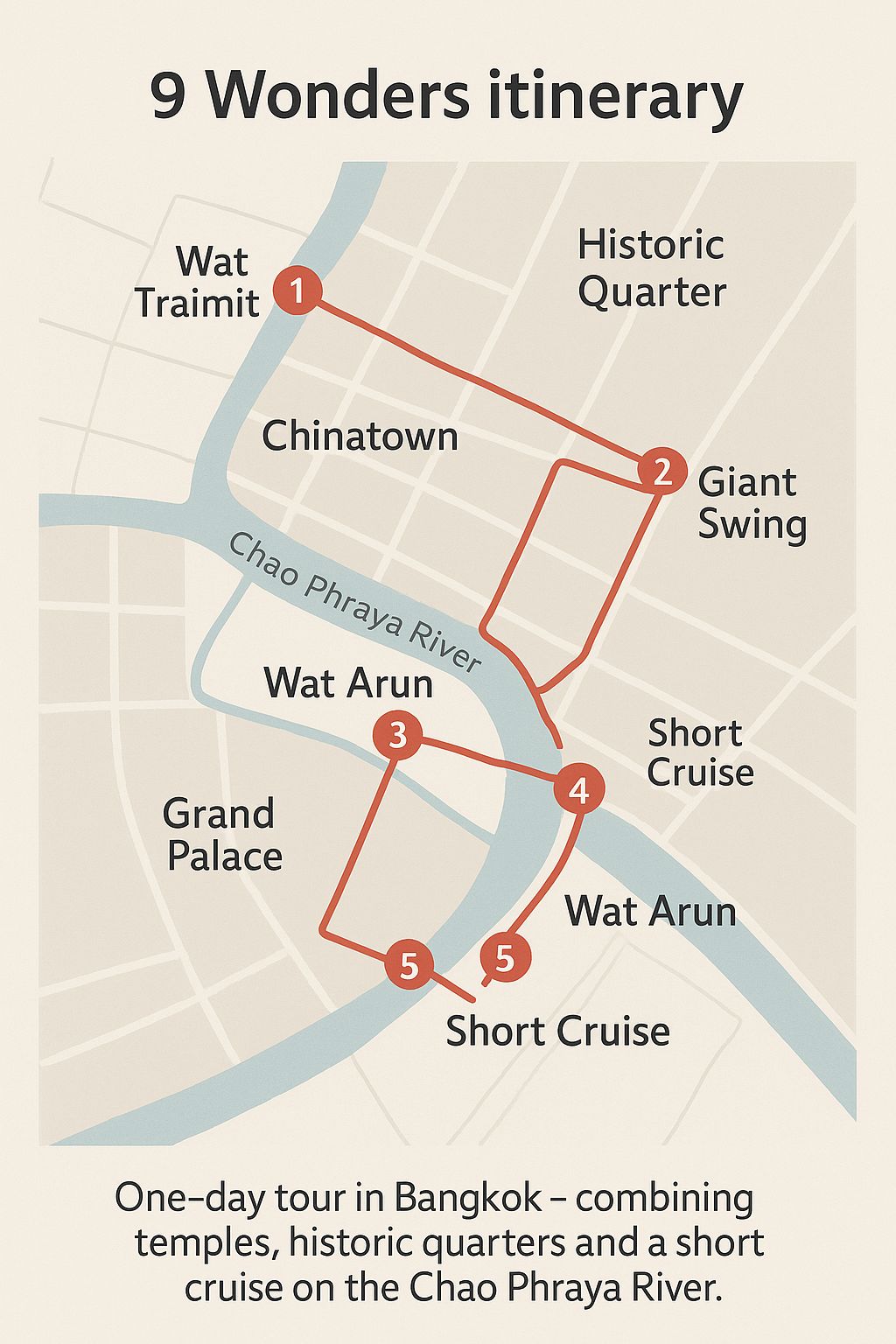 Indicative route of the “9 Wonders of the Capital” tour in Bangkok