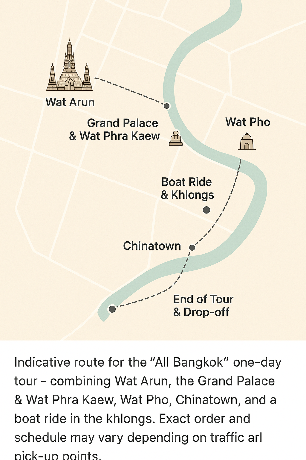 Traseu orientativ pentru turul extins „All of Bangkok” de o zi.