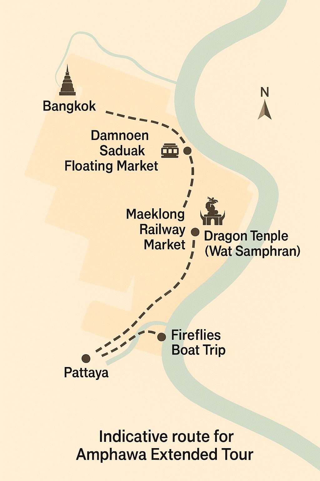 Recorrido indicativo del Amphawa Extended Tour de día completo.
