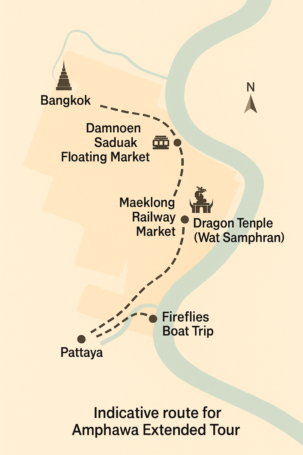 Traseu orientativ pentru „Amphawa Extended Tour”, excursie de o zi.