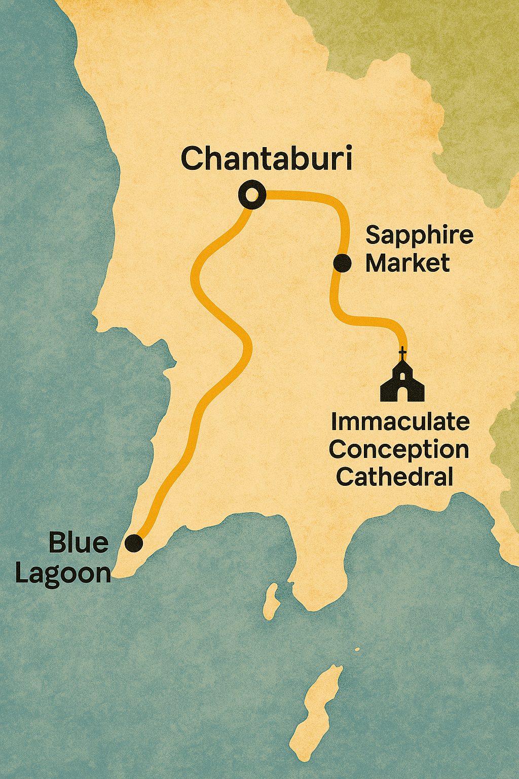 Indicative map of the one-day route to Chanthaburi