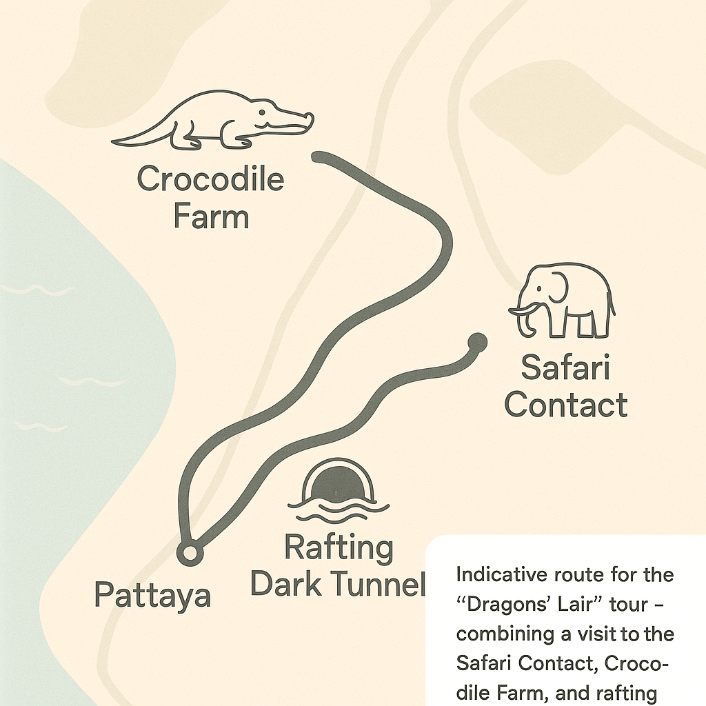 Ungefähre Route der ganztägigen Dragon’s Lair Tour ab Pattaya.