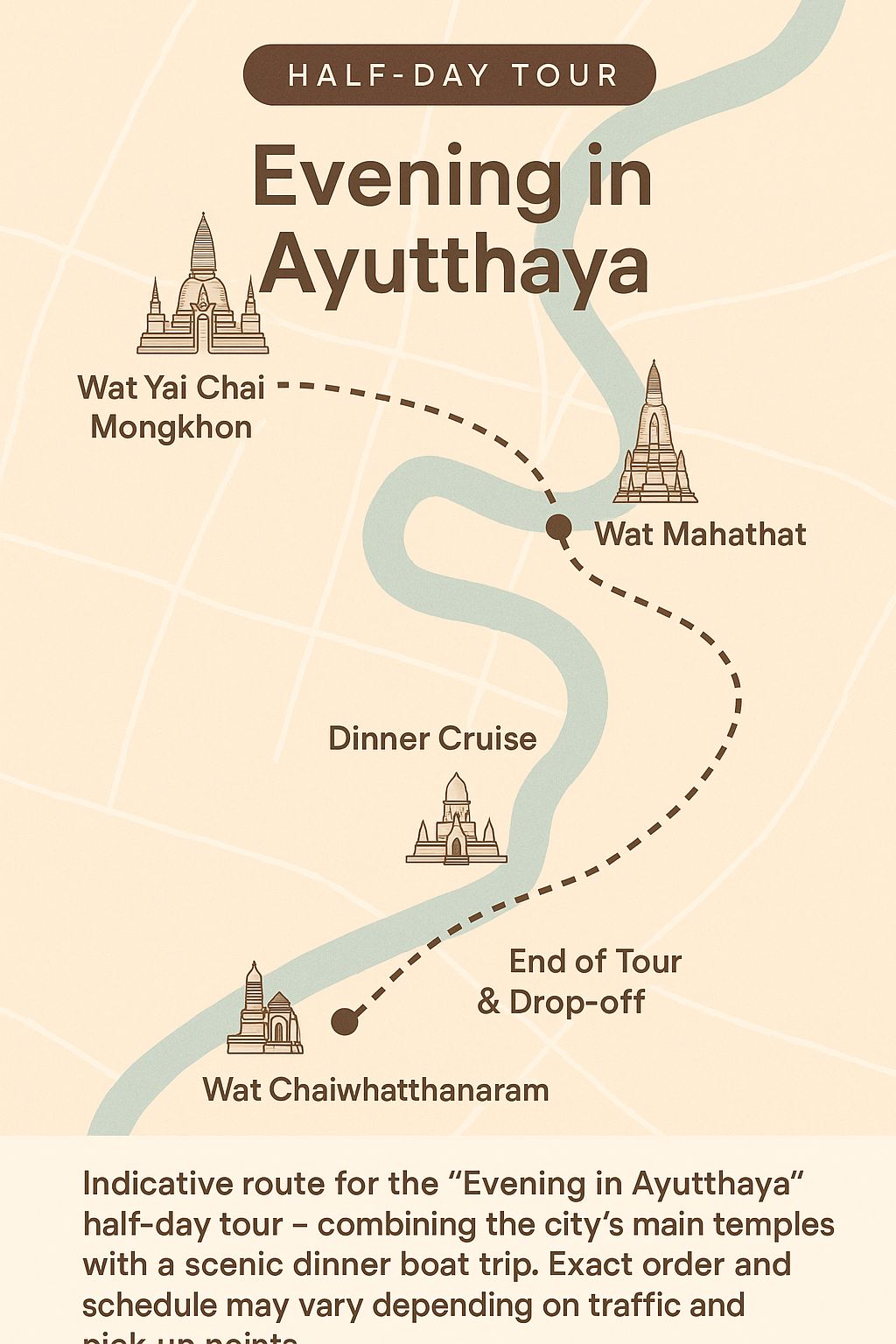 Ungefähre Route der Halbtags-Tour „Abend in Ayutthaya“.