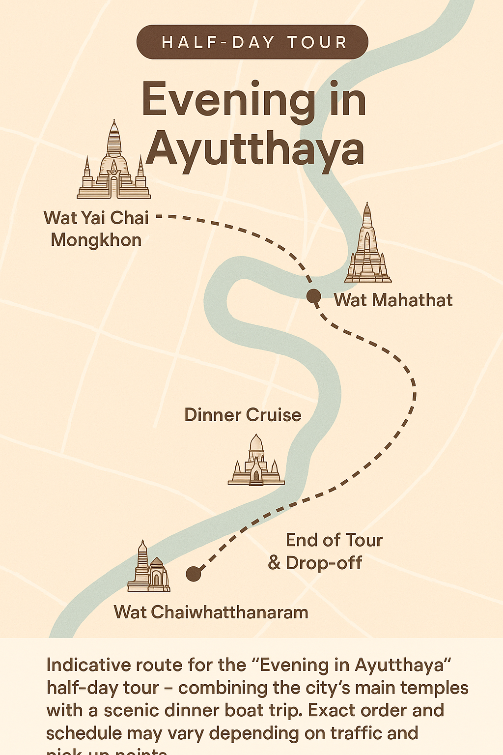 Indicatieve route van de halve dagtour ‘Avond in Ayutthaya’.