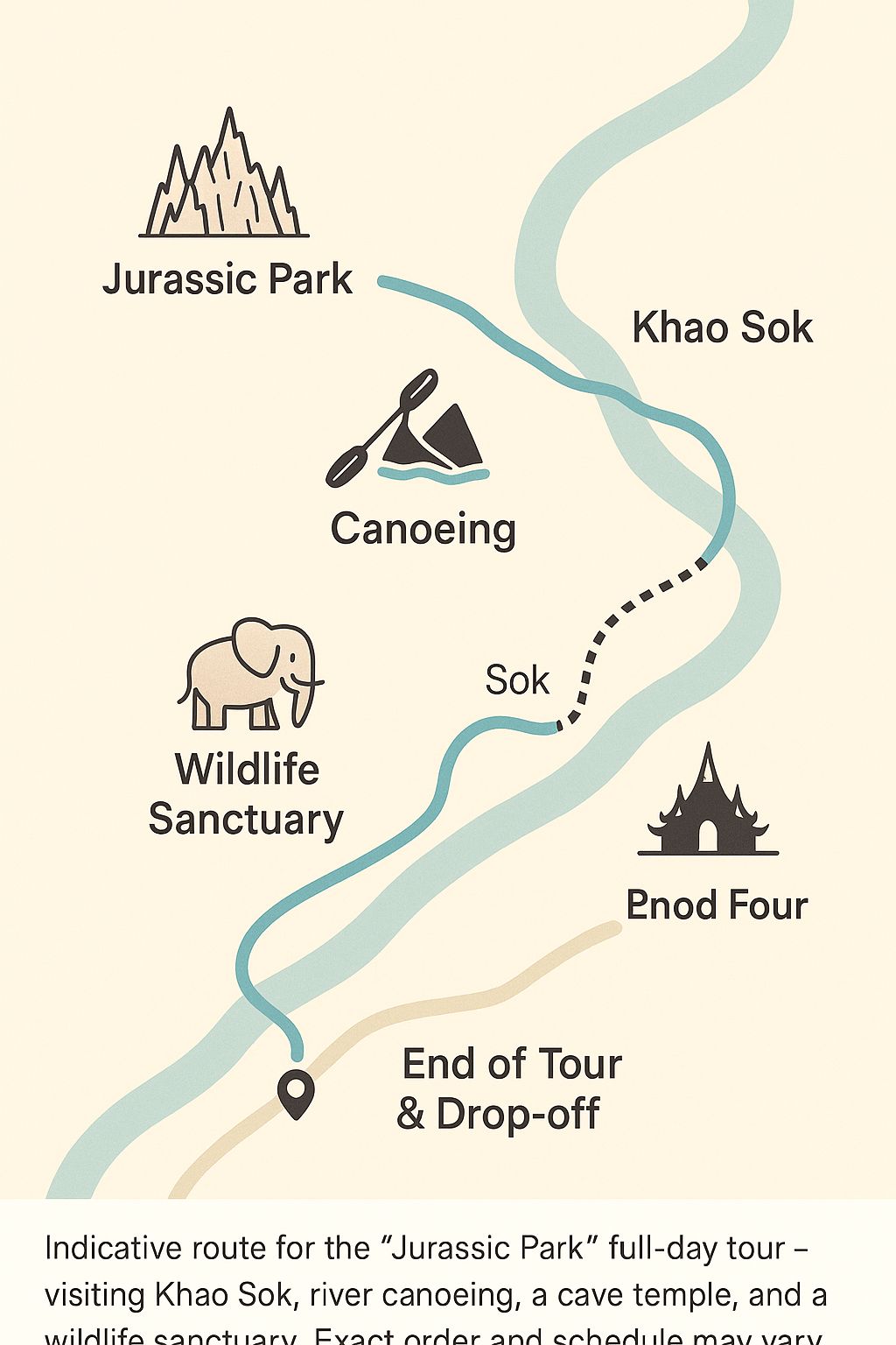 Ungefähre Route der ganztägigen Jurassic Park Tour ab Phuket / Khao Lak.