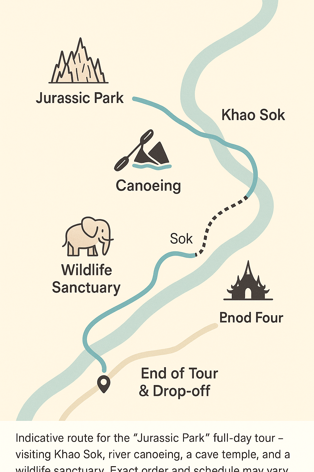 Traseu orientativ pentru „Jurassic Park Tour”, excursie de o zi din Phuket / Khao Lak.