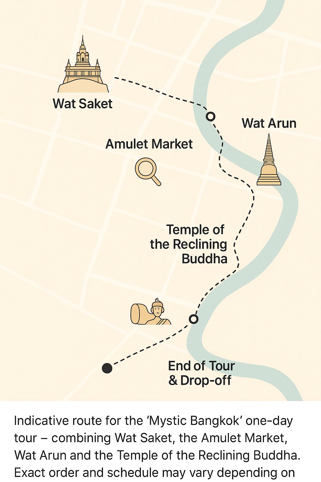 Ungefähre Route der Eintages-Tour Mystisches Bangkok.