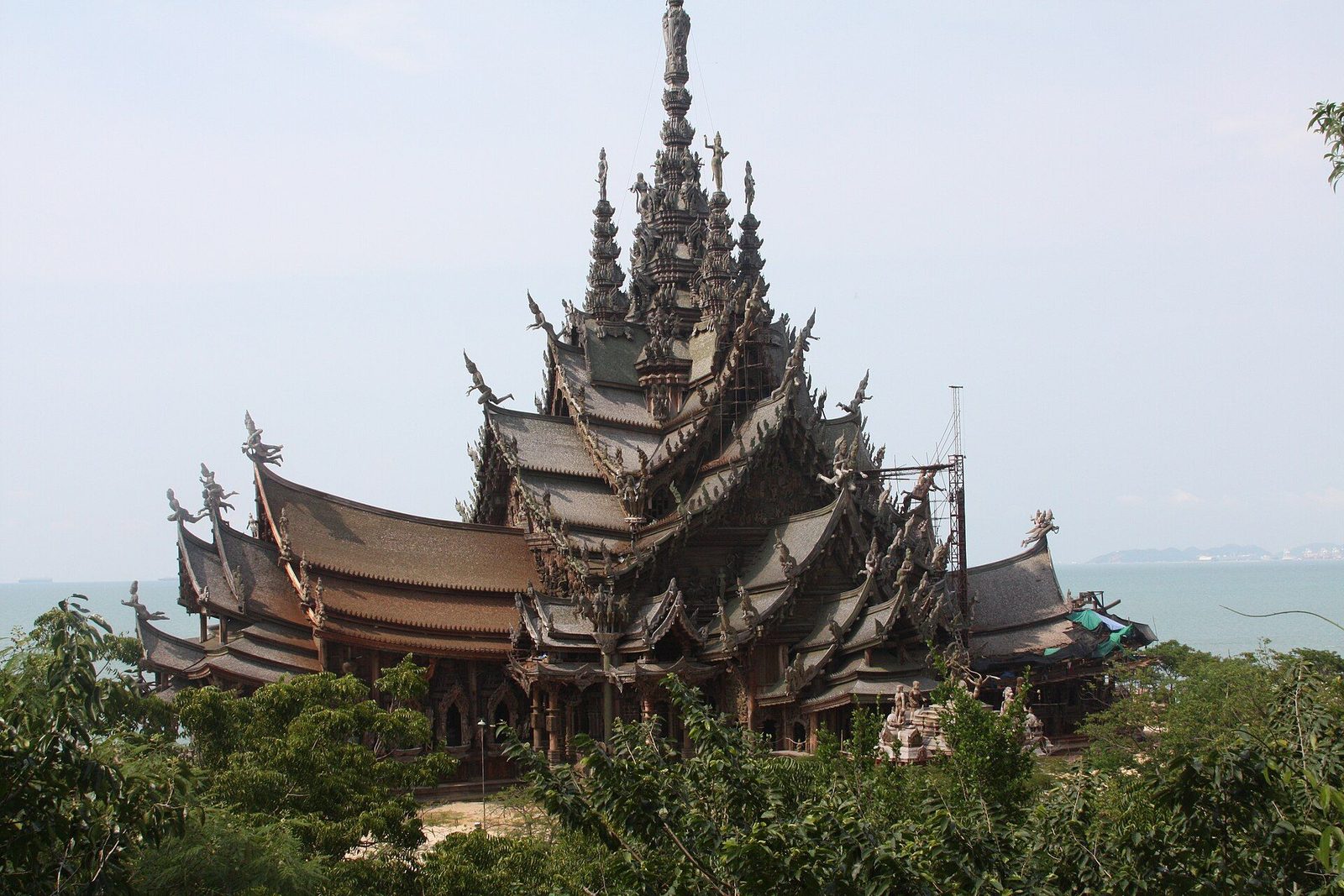 The carved wooden Sanctuary of Truth by the sea in Pattaya