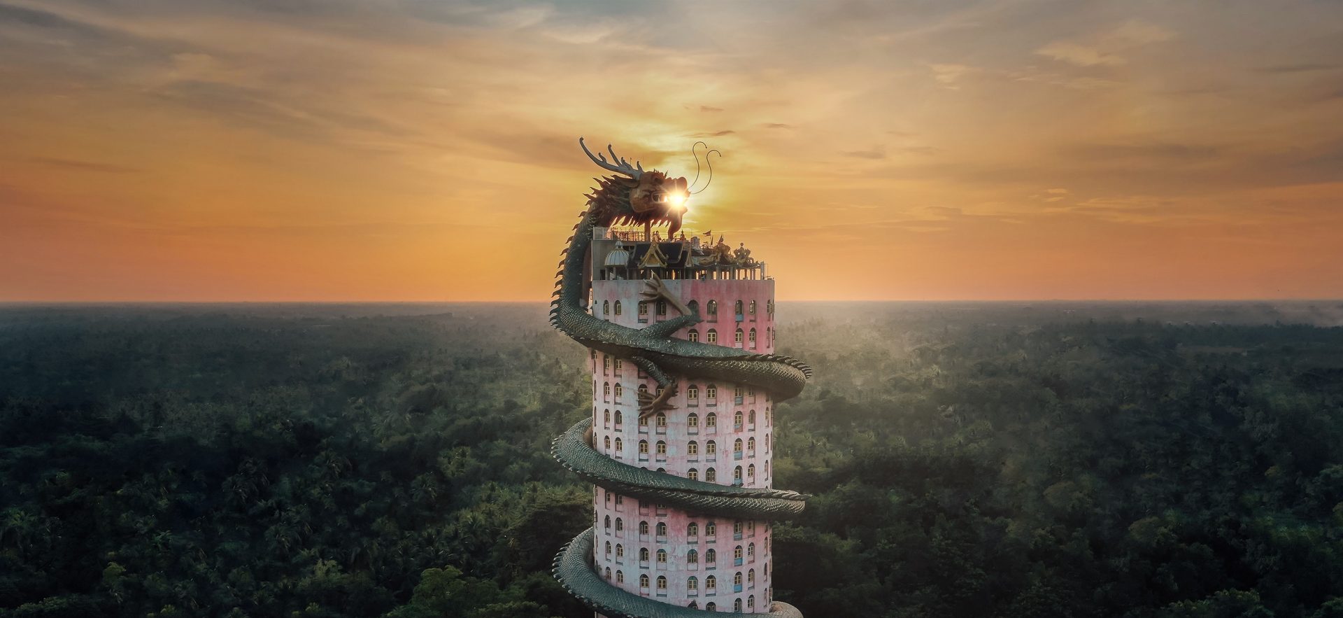 Templul Dragonului (Wat Samphran), cu turnul său roz și dragonul uriaș.